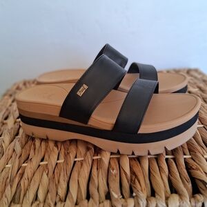 Reef Black Double-Strap Platform Slide with Tan Footbed